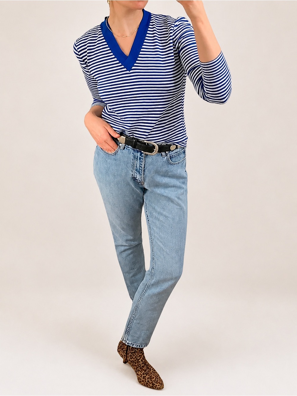 VTG Blue White Stripe V Neck Knit Pullover Sweater Jumper Academia Prep XS S M